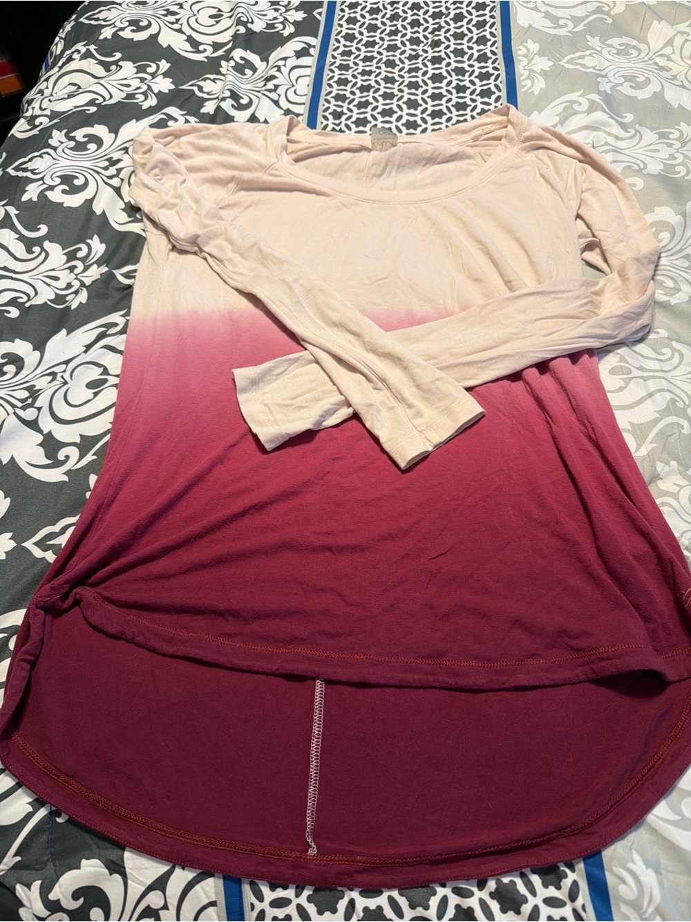 Ombre Long-Sleeve Scoop Neck Top - Blush to Burgundy